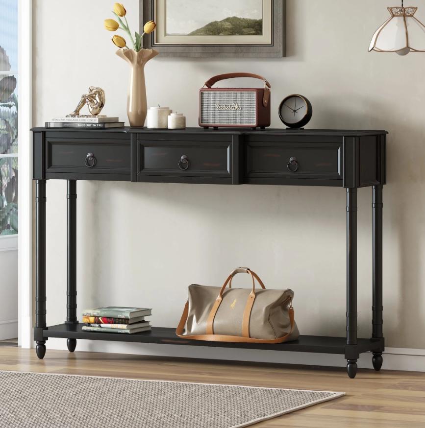 Segmart Black Console Sofa Table with 3 Drawers, Wood Buffet Sideboard Desk Bottom Shelf, Retro Tall Entryway Table MDF panel for Kitchen Dining Room Cupboard