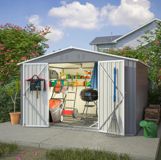 10x8FT Outdoor Storage Shed with Floor, Segmart Metal Garden Sheds & Outdoor Storage, Large Tool Sheds for Patio, Lawn, Backyard, Weather-Proof, Light Gray