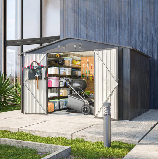 10x8FT Outdoor Storage Shed with Floor, Segmart Metal Garden Sheds & Outdoor Storage, Large Tool Sheds for Patio, Lawn, Backyard, Weather-Proof, Black