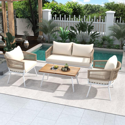 Segmart Patio Conversation Furniture Set, 4 Pieces Outdoor Wicker Rattan Chairs Sofa with Soft Cushion and Coffee Table for Backyard Porch Poolside, Max Weight 705 lbs, Beige