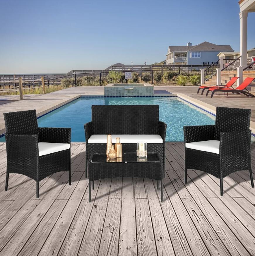 Segmart Patio Conversation Furniture Set, 4 Pieces Outdoor Wicker Rattan Chairs Sofa with Soft Cushion and Coffee Table for Backyard Porch Poolside, Max Weight 705 lbs, Blue