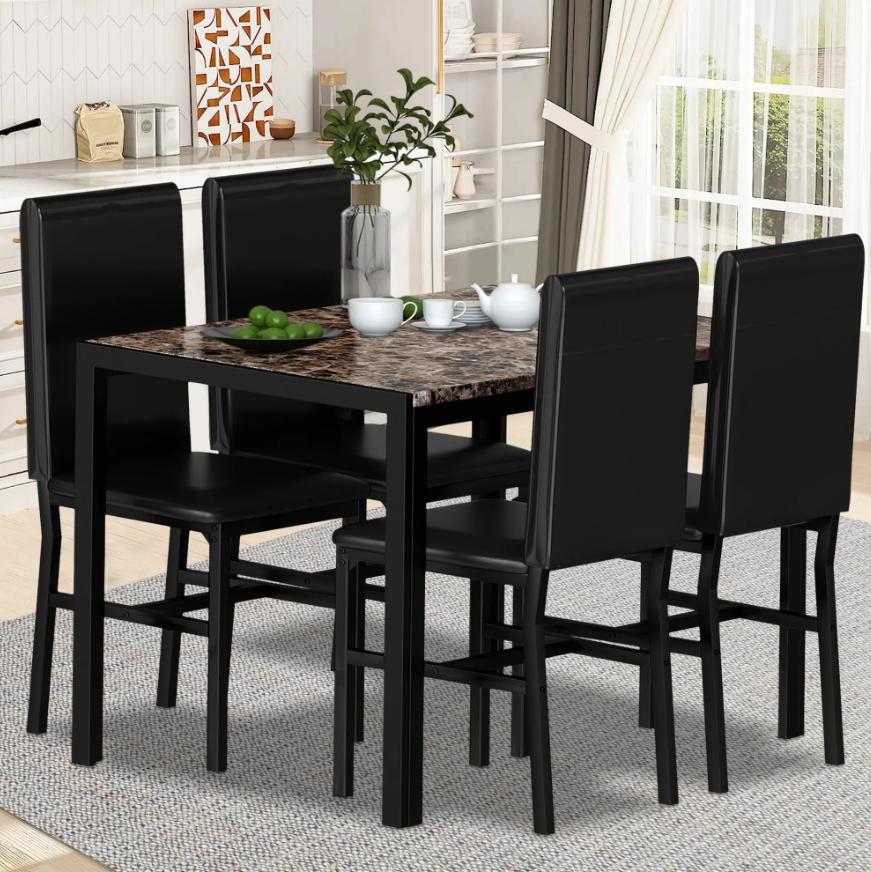 Kitchen Dining Table Set, Metal Kitchen Table Sets with 4 Chairs, Faux Marble Rectangular Breakfast Table w/Metal Legs & Black Finish Frame, Dining Table Sets for an Apartment Breakfast, SS1288