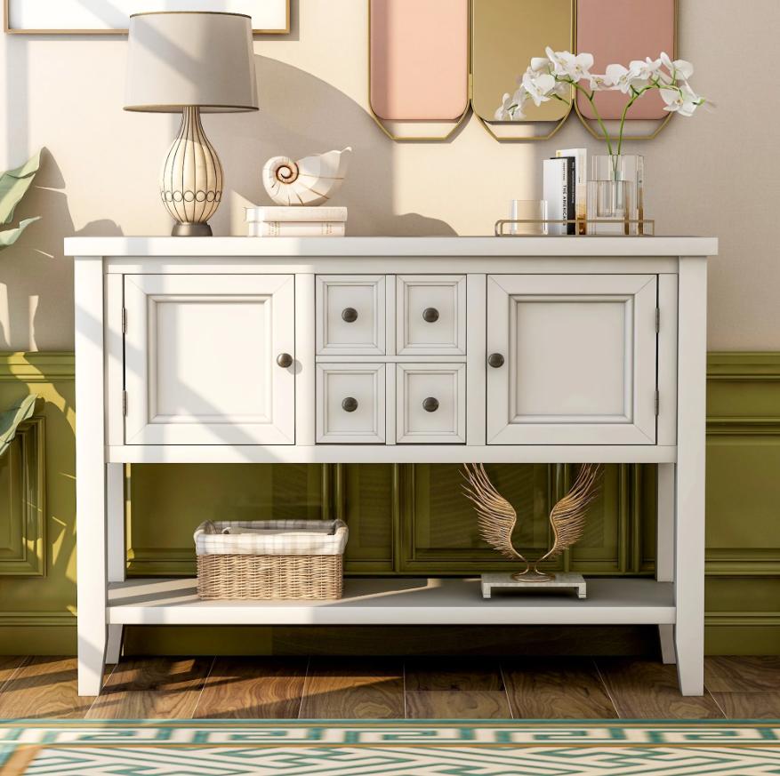 Console Table with 4 Storage Drawers,Storage Vintage Wood Buffet Sideboard Desk with 2 Cabinets and Bottom Shelf, Retro Entryway Table Cupboard for Living Room, Foyer, Hallway