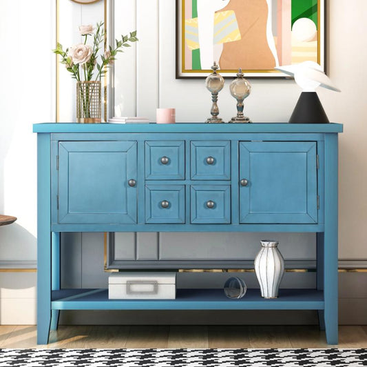 Console Table with 4 Storage Drawers,Storage Vintage Wood Buffet Sideboard Desk with 2 Cabinets and Bottom Shelf, Retro Entryway Table Cupboard for Living Room, Foyer, Hallway