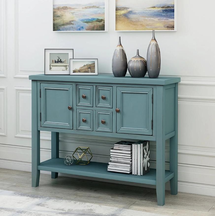 Console Table with 4 Storage Drawers,Storage Vintage Wood Buffet Sideboard Desk with 2 Cabinets and Bottom Shelf, Retro Entryway Table Cupboard for Living Room, Foyer, Hallway