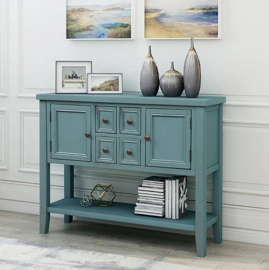 Console Table with 4 Storage Drawers,Storage Vintage Wood Buffet Sideboard Desk with 2 Cabinets and Bottom Shelf, Retro Entryway Table Cupboard for Living Room, Foyer, Hallway