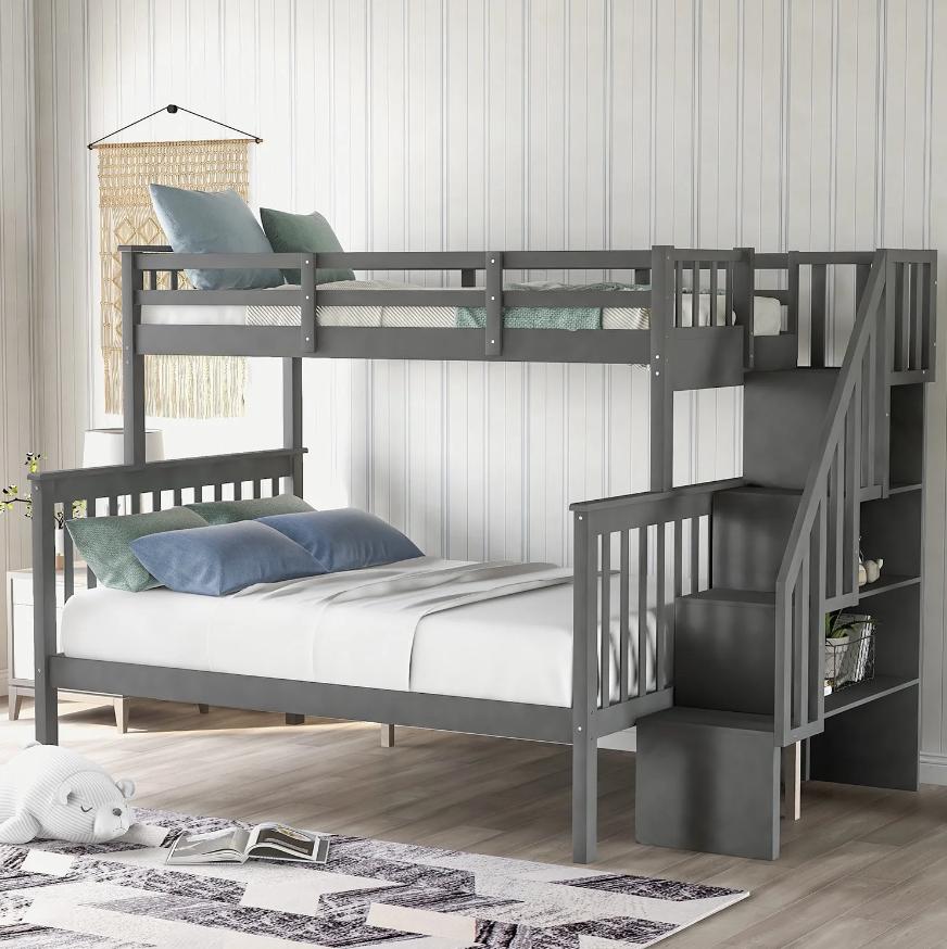 SEGMART Wood Bunk Beds for Kids, 76.97'' x 51.57'' Solid Wood Twin-Over-Full Kids Bed, Sturdy Wood Twin-Over-Full Bunk Beds w/ 4 Storage Shelves, 4-Step Ladder, Full-Length Guardrails, 250lbs, SS665