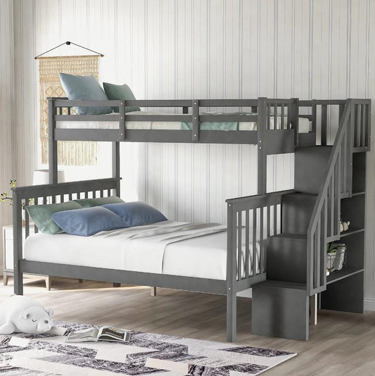 SEGMART Wood Bunk Beds for Kids, 76.97'' x 51.57'' Solid Wood Twin-Over-Full Kids Bed, Sturdy Wood Twin-Over-Full Bunk Beds w/ 4 Storage Shelves, 4-Step Ladder, Full-Length Guardrails, 250lbs, SS665