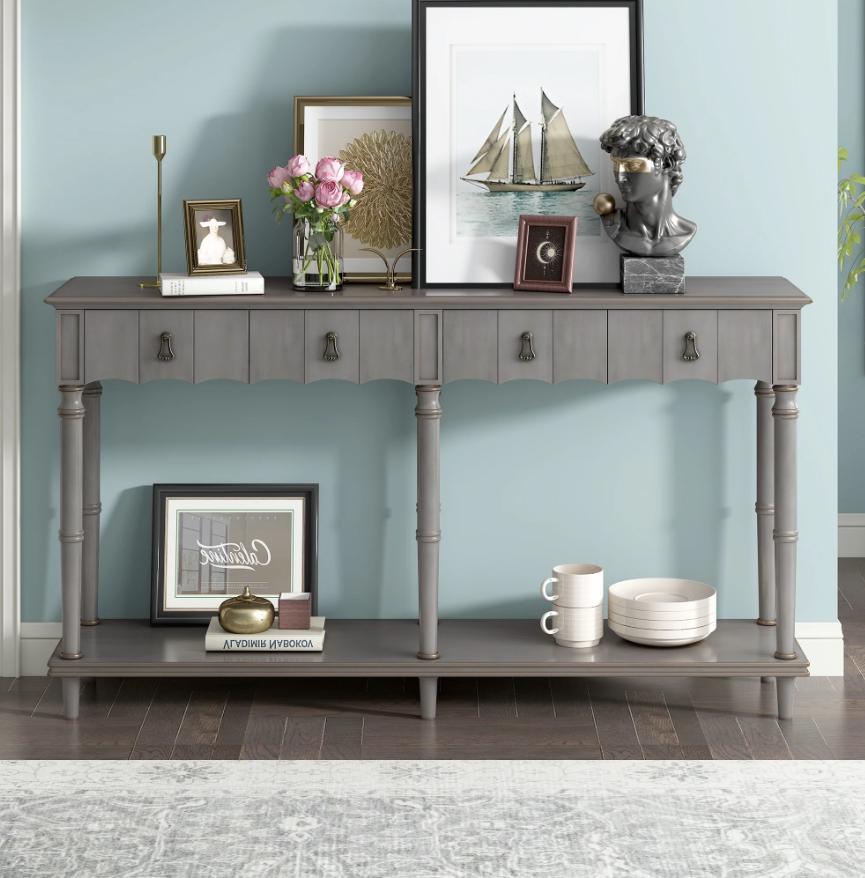 Console Sofa Table with 4 Drawers, 59'' x 15'' x 33'' Wood Buffet Sideboard Desk w/Bottom Shelf, Retro Tall Entryway Table w/ MDF panel for Kitchen Dining Room Cupboard, 220lbs, Grey, S9912