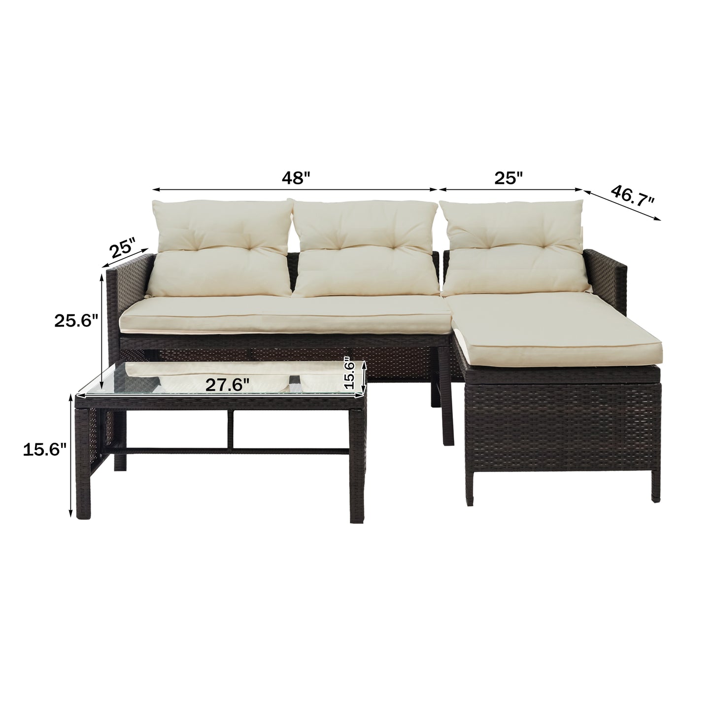 3 Pieces Patio Furniture Sectional Set, Outdoor Furniture Set with Two-Seater Sofa, Lounge Sofa, Table & Cushion, PE Rattan Wicker Bistro Set, Conversation Set for Garden, Backyard