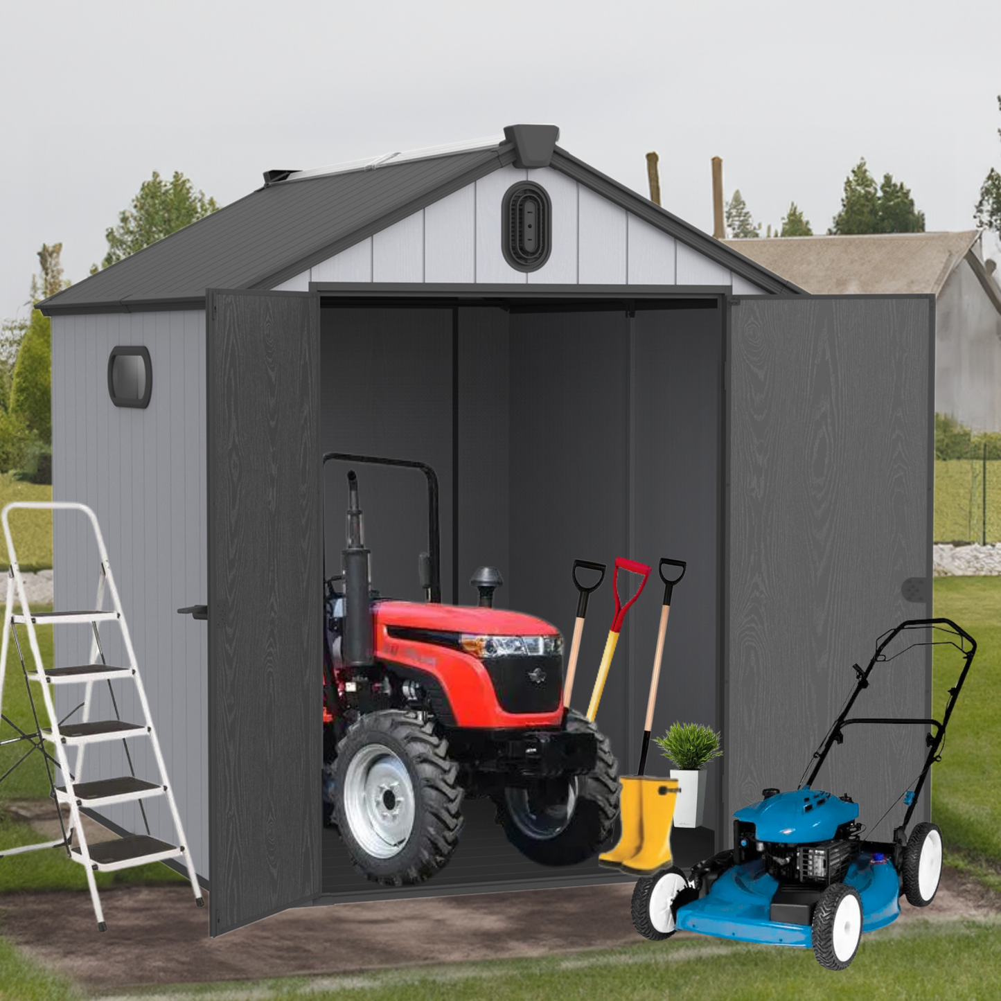 Segmart 8' x 6' Plastic Outdoor Storage Shed with Floor, All-Weather Plastic Shed with Lockable Doors & Window, Plastic Storage Tool Shed for Backyard, Patio, Poolside, Lawn, Gray + Black